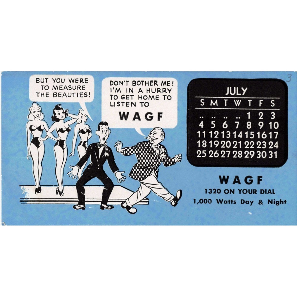 Vintage Advertising Ink Blotter WAGF 1320 Radio July Calendar Pinup Comic - Picture 1 of 2